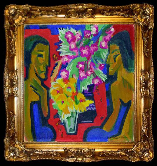 framed  Ernst Ludwig Kirchner Stilleben mit zwei Holzfiguren und Blumen, ta009-2